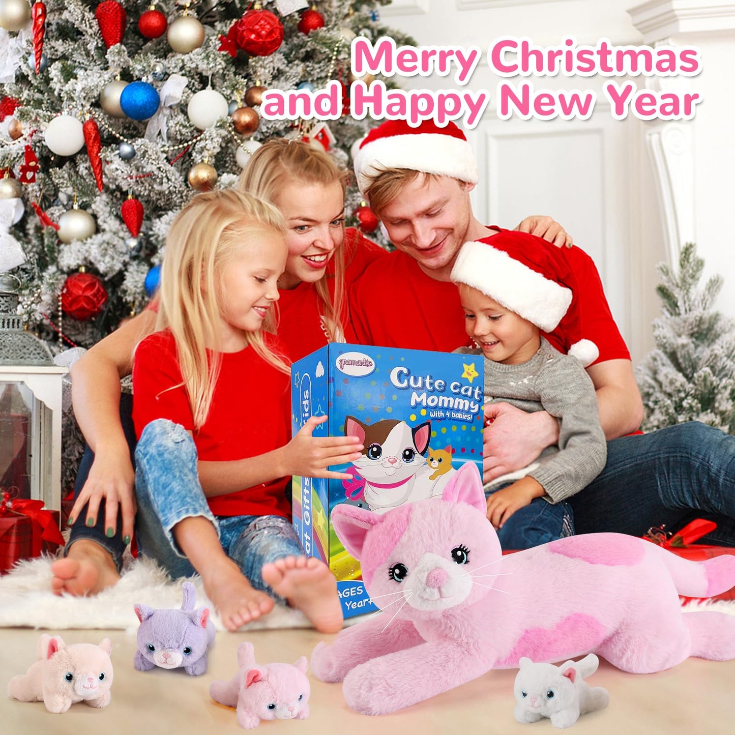 gnomantic 5 Pieces Cat Stuffed Animals with Babies Inside Belly - 1 Mommy Stuffed Cat with 4 Kittens - Stuffed Kitty Plush Toys for Kid Age 3-8, Gift Ideal for Christmas, Valentine's, Birthday (Pink)