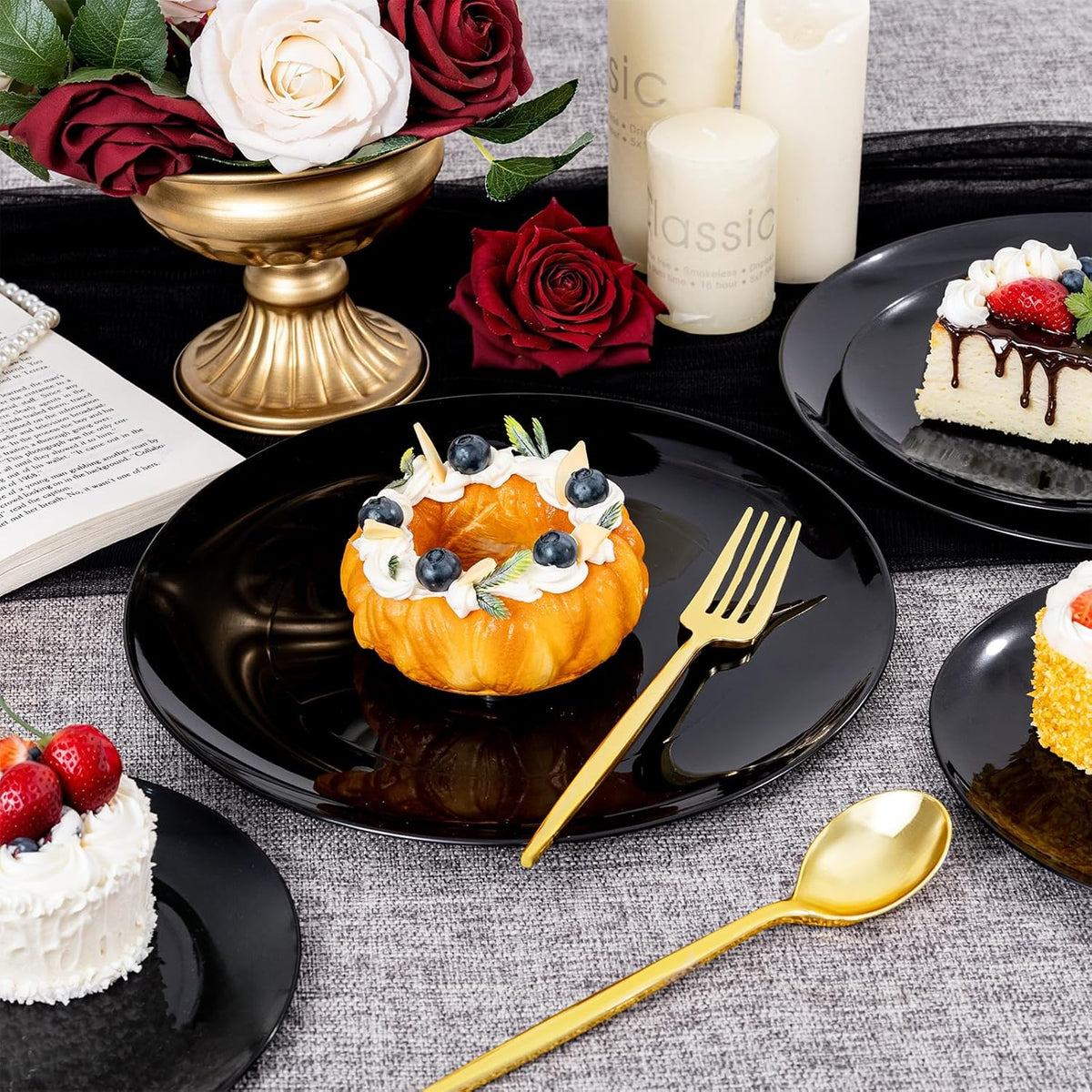 PULOTE 200PCS Black Plastic Plates - Heavy Duty Black Disposable Include 100 Each (10 inch Dinner & 7 inch Dessert) Plates, Disposable for Party, Birthday & New Year
