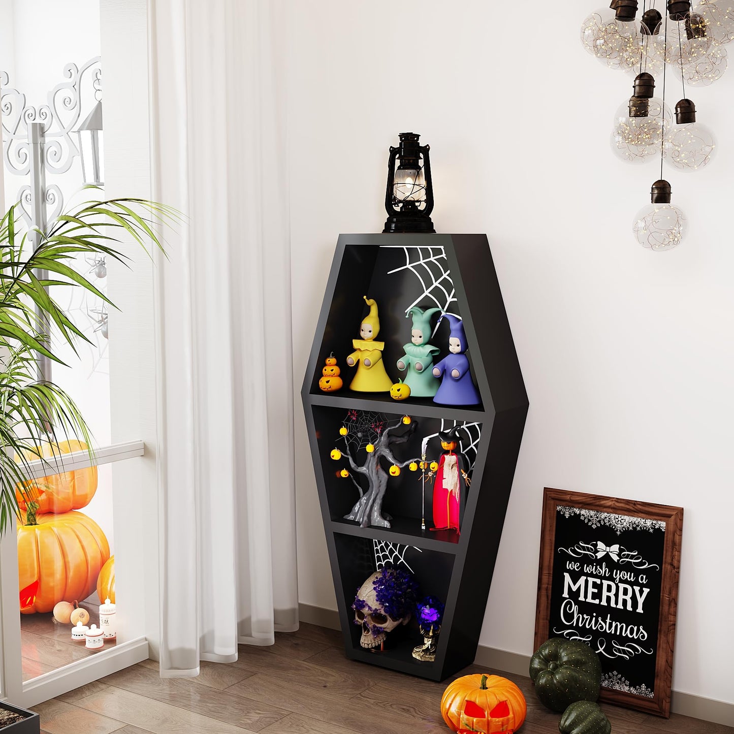 LUPWNEKA 24 in Halloween Goth Coffin Bookshelf with Spider Web, Wooden Gothic Coffin Bookshelf for Home, Black Spooky Curio Shelf for Home Decor, Witchy Room Decor for Oddities