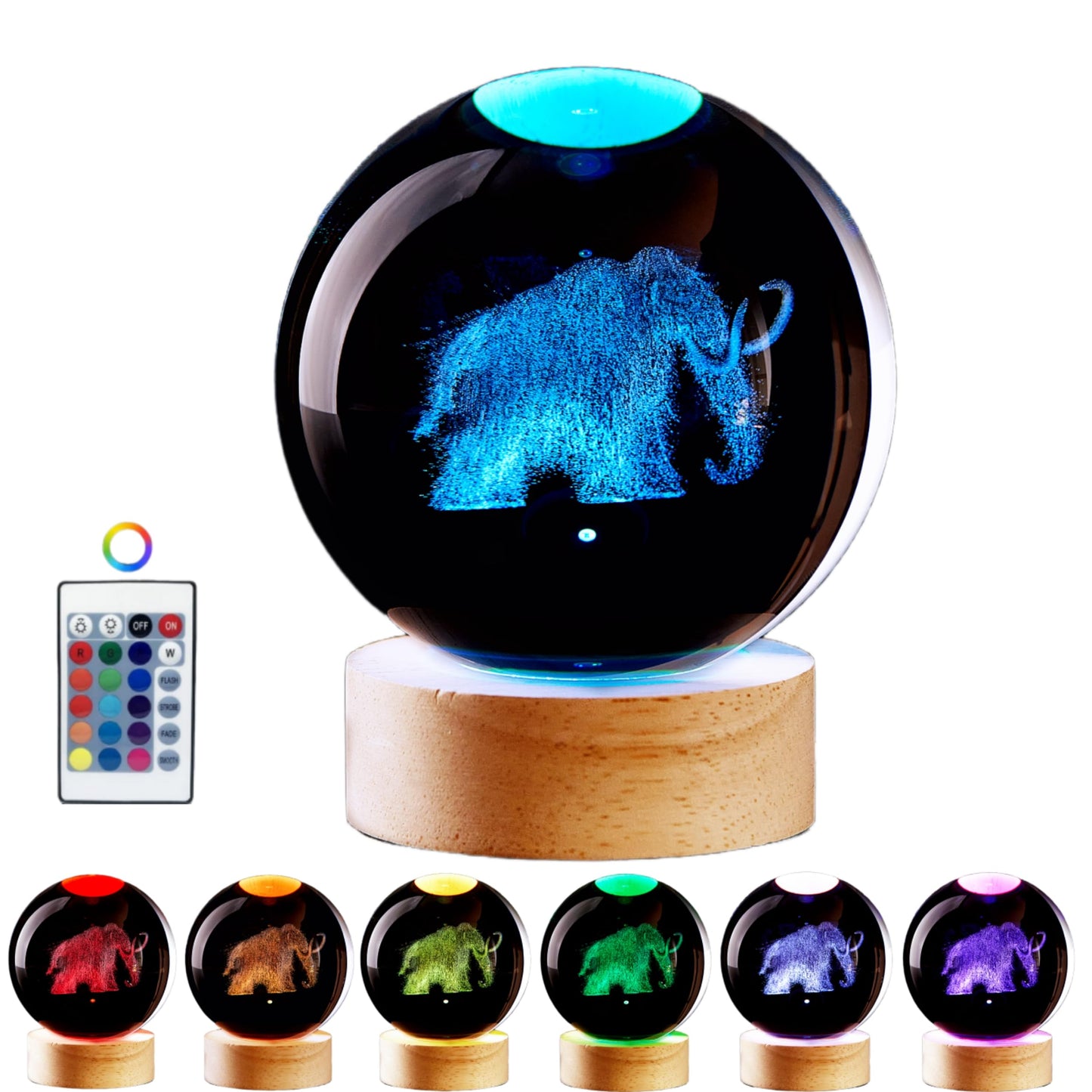 LMLOBEP Large Elephant Crystal Ball Night Light with Woodern Base, 3D Mammoth Crystal Lamp 16 Color Changing with Remote Control, Laser Engraved Glass Ball Lamp, Room Decor (Elephant)