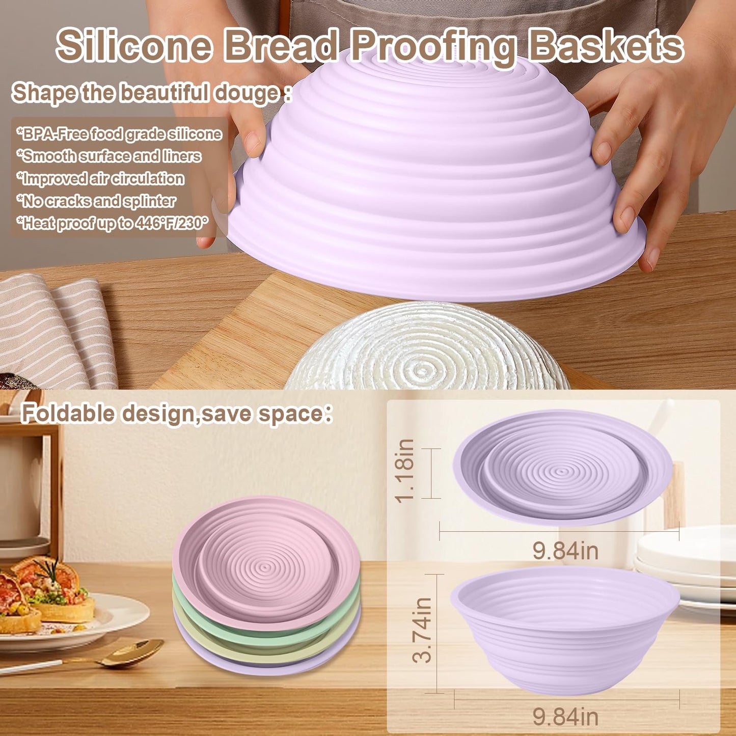Ycgcp 4Pcs Silicone Banneton Bread Proofing Baskets, 9" Collapsible Sourdough Bread Baking Supplies Non-Stick Round Dough Proofing Bowl Containers Oven Safe for Various Tastes Bread Making-BPA Free