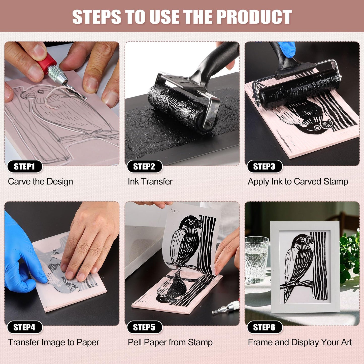 Bobblebro Linoleum Blocks for Printmaking, Stamp Making Carving Linocut Kit for Kids DIY Gift, Rubber Stamp Carving Screen Printing Kit with 4 Colors Block Printing Ink, Rubber Block, Linocut Tools