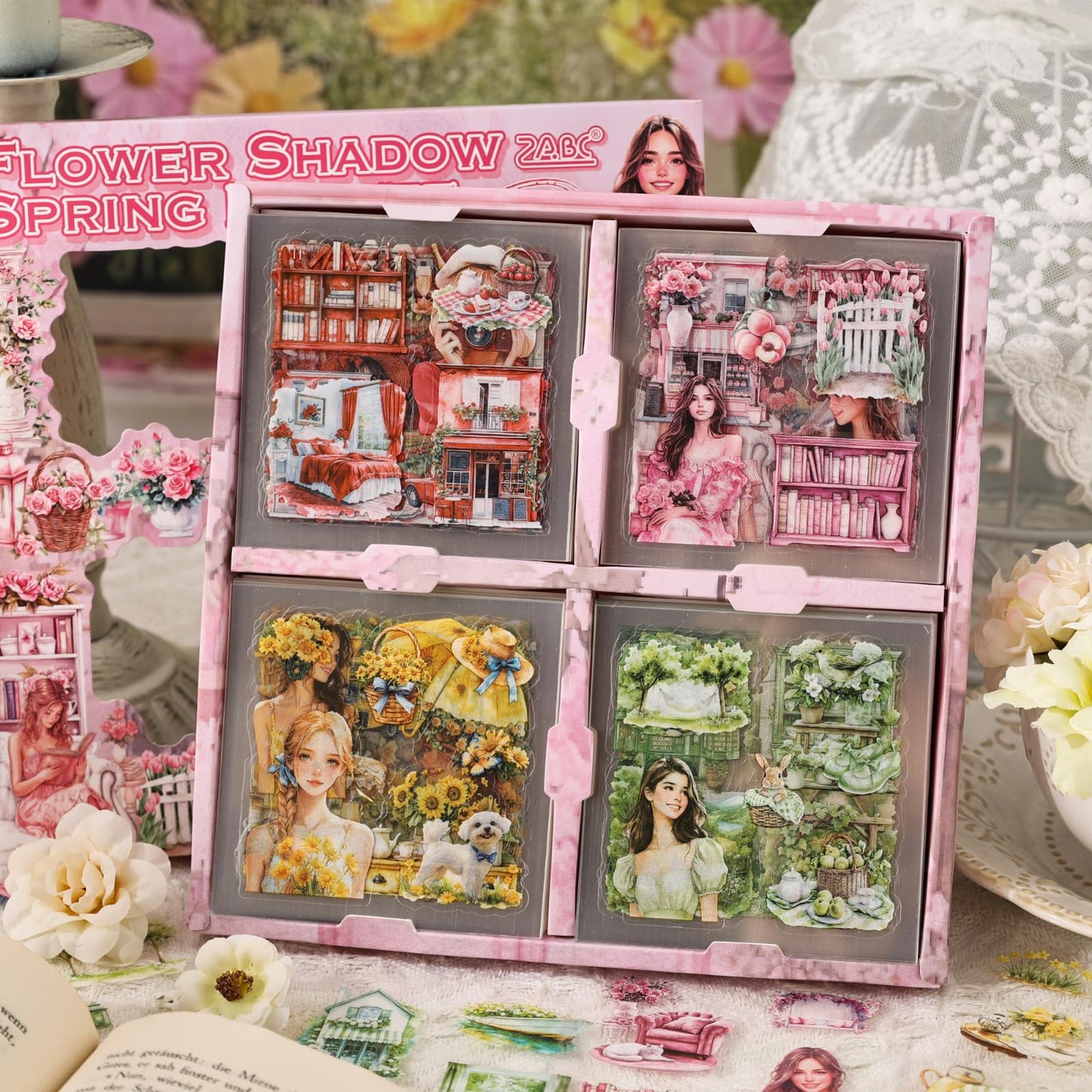 Cullevo 600PCS Spring Floral Scrapbook Stickers – Flower Shadow Spring Breeze Edition with Characters, Junk Journal Supplies + 28PCS Retro Background Paper & A6 Kraft Notebook