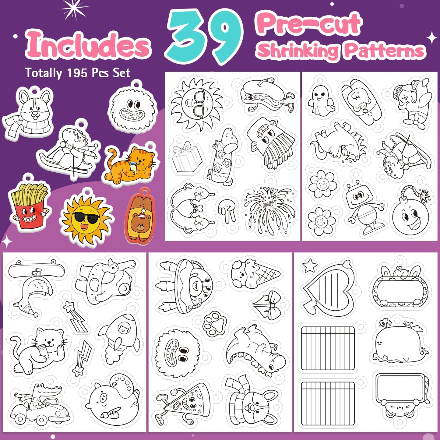 195 Pcs Shrink Plastic Kit with 39 Pre-Cut Patterns,3 Blank Shrink Plastic Sheets,Punch,Scissors,Keychains Lanyards,Tassels,Keychain Making Kit,Shrinky Art Charms,Shrinking Paper Craft Kits DIY Gifts