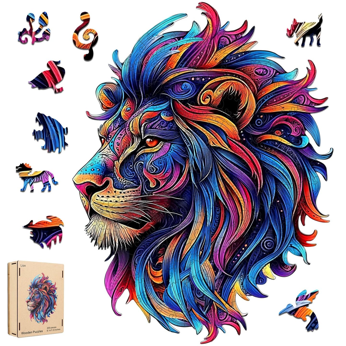 Wooden Jigsaw Puzzle, 200 Pcs Unique 3D Shape Jigsaw Puzzles, Wood Puzzle Gift Box Packing, Medium Size Letter, Creative Gift for Adults and Kids, Fun Challenging (EA4Lion, 200PCS)
