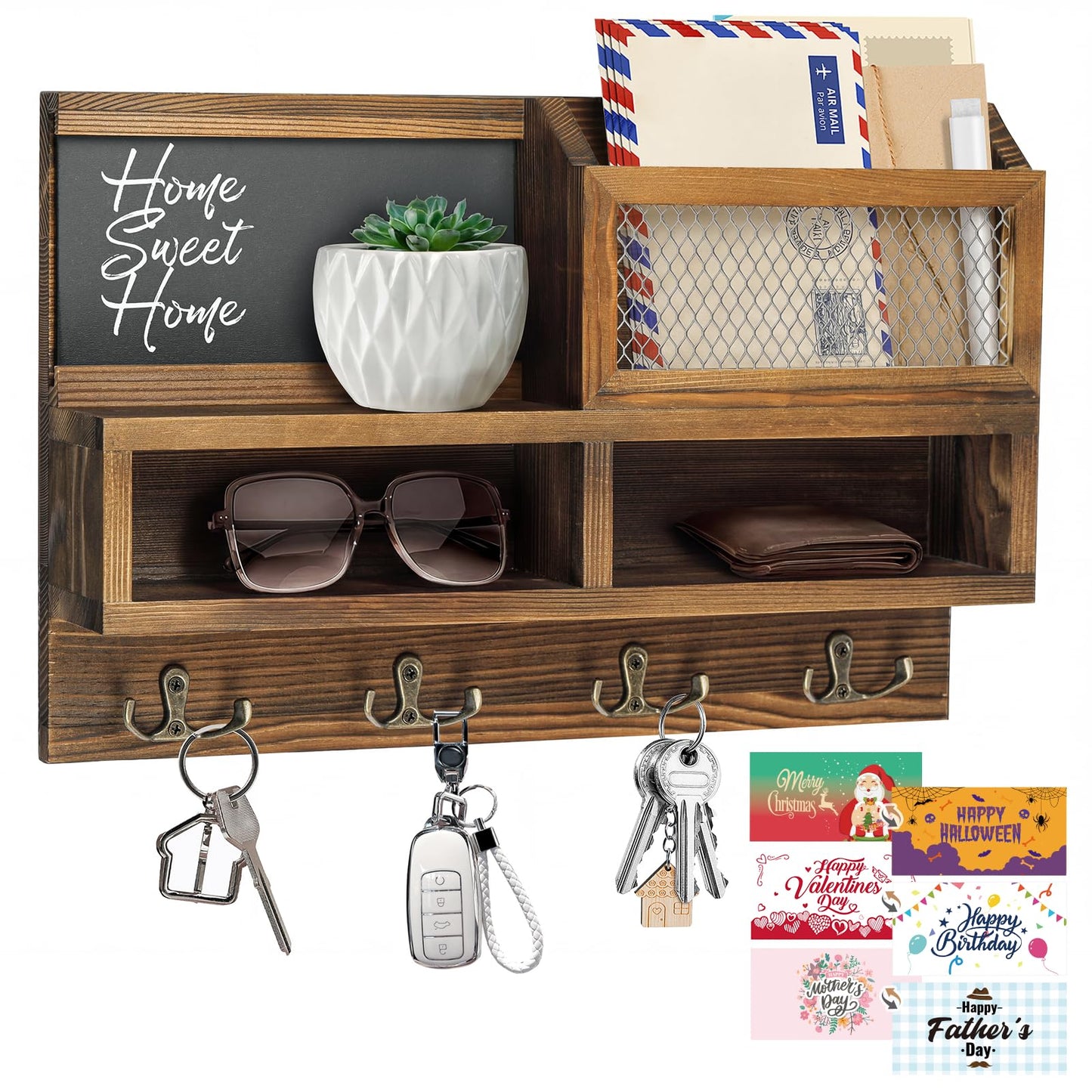 HOMEBROS Key Holder Wall Mount, Wooden Mail and Key Organizer with Chalkboard and Mirror, 3 Greeting Cards, 8 Hooks, Brown, Type 1