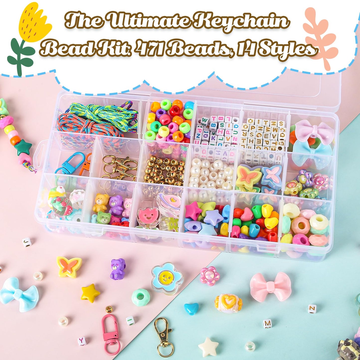 Ecoofor 487 PCS Beaded Keychain Making Kit, Acrylic Letter Beads with Heart, Star & Flower Charms for DIY Jewelry, Bag Accessories & Crafts for Women