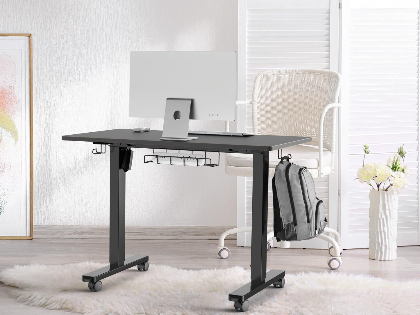 SHW 40-Inch Mobile Electric Height Adjustable Sit to Stand Desk with Drawer, Hanging Hooks and Cable Management, Black