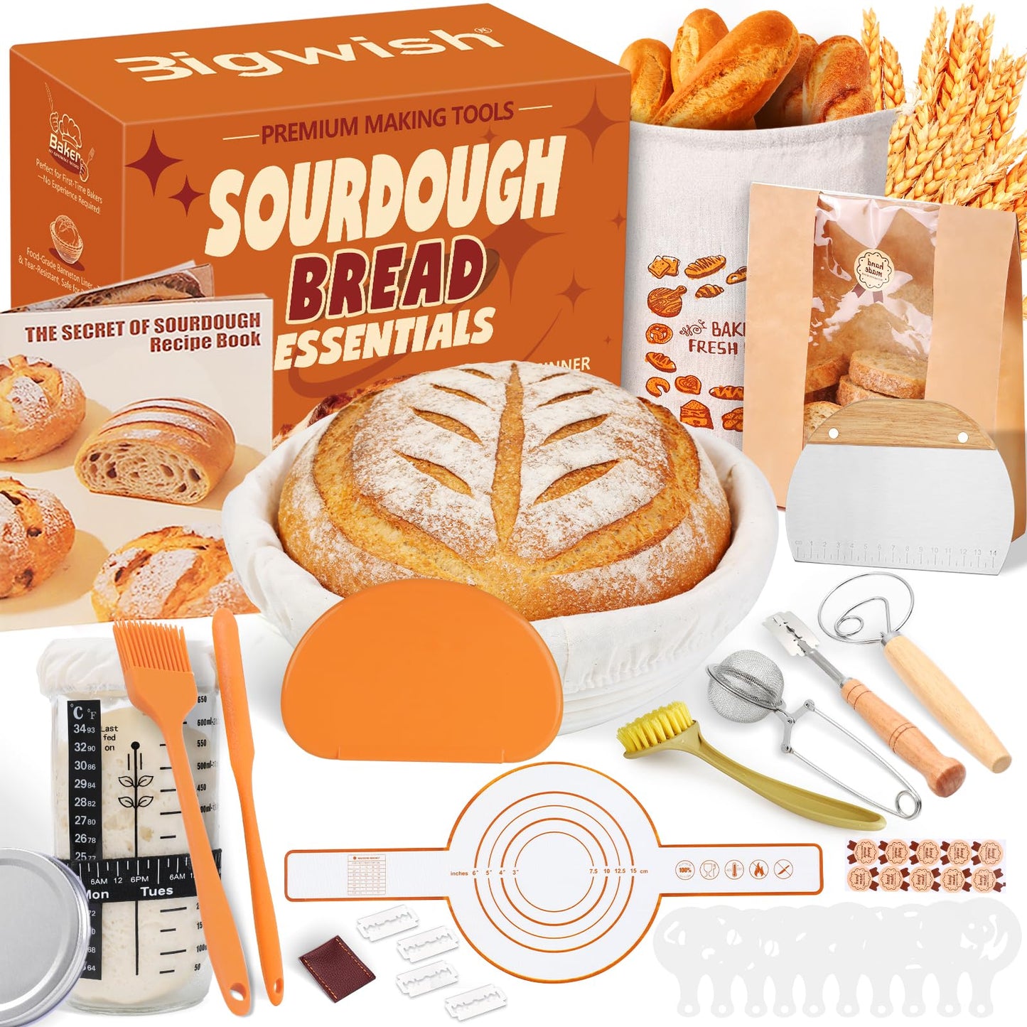 Sourdough Starter Kit for Beginners – Complete Sourdough Kit with Banneton Basket, Bread Lame with Blades, Starter Jar, Bread Stencil, Dough Scraper & Recipe Guide – Sourdough Bread Making Kit
