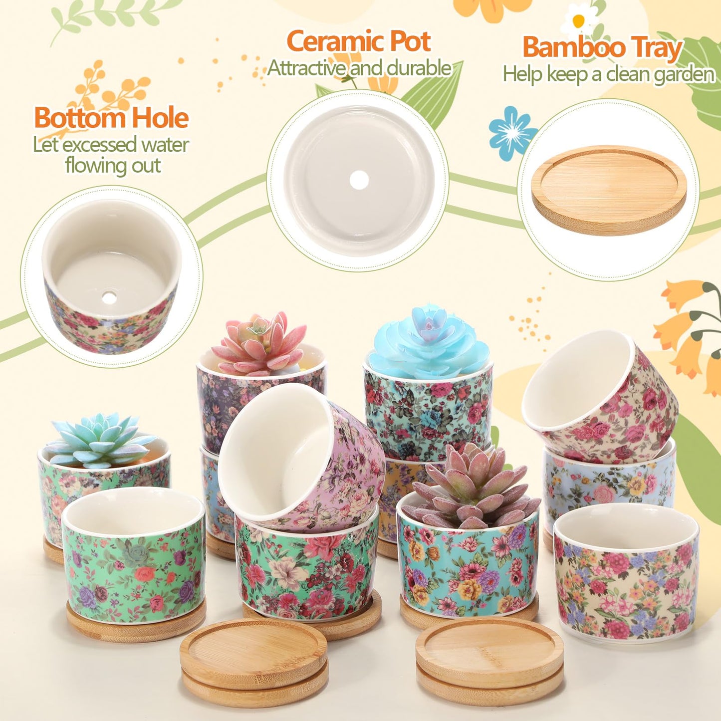 Threehoney 12 Pack 3.14 Inch Ceramic Succulent Plant Pots Mini Flower Cylinder Pots with Drainage Hole and Bamboo Trays for Small Plants Flowers Cactus Home Office Decor(Chinoiserie)
