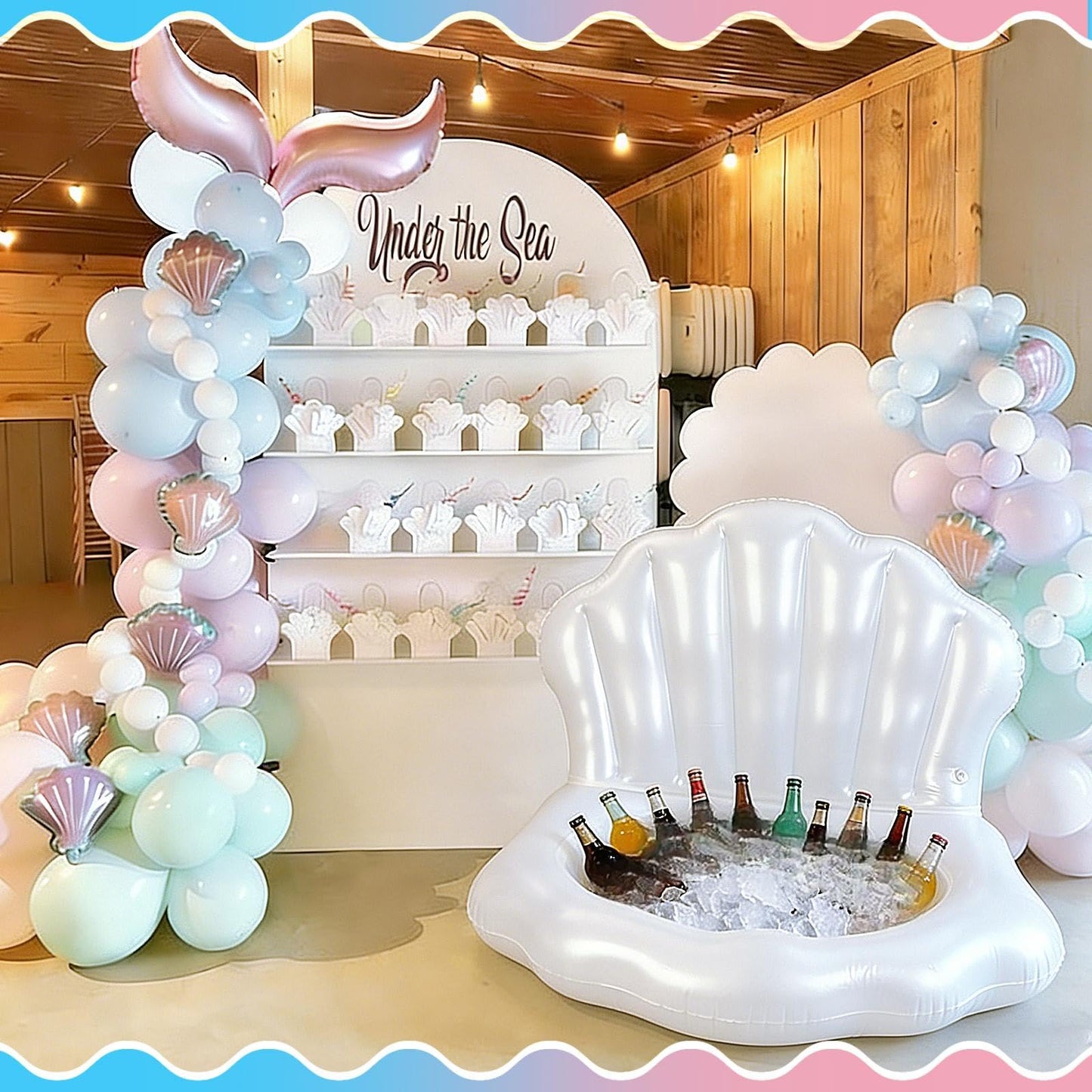 Gemscream 1 Pcs Inflatable Seashell Pool Float Cooler, Mermaid Party Decorations, Blow up Shell Float Drink Holder, Under The Sea Theme Party Supplies for Summer Pool Beach Decor (White)