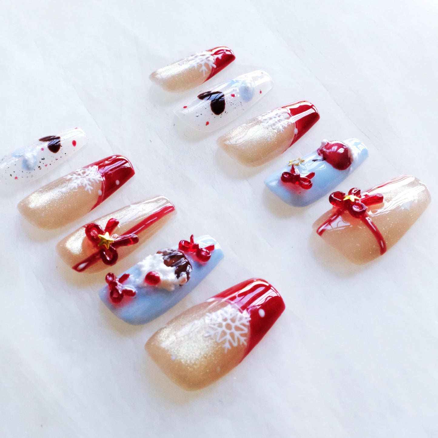GLORS Christmas Press-On Nails, Medium Length Ballerina Shape, Red Cat Eye Apple Design with 3D Bows, 10 Pieces (Small, MB)