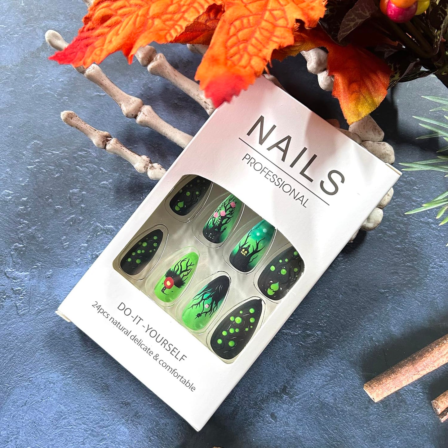 Green Fluorescence Halloween Press on Nails Long Black Forest Castle Rose Pattern Design Halloween Nail Full Cover Glossy Artificial Acrylic False Nail French Tip Almond Glue on Nails for Women 24Pcs