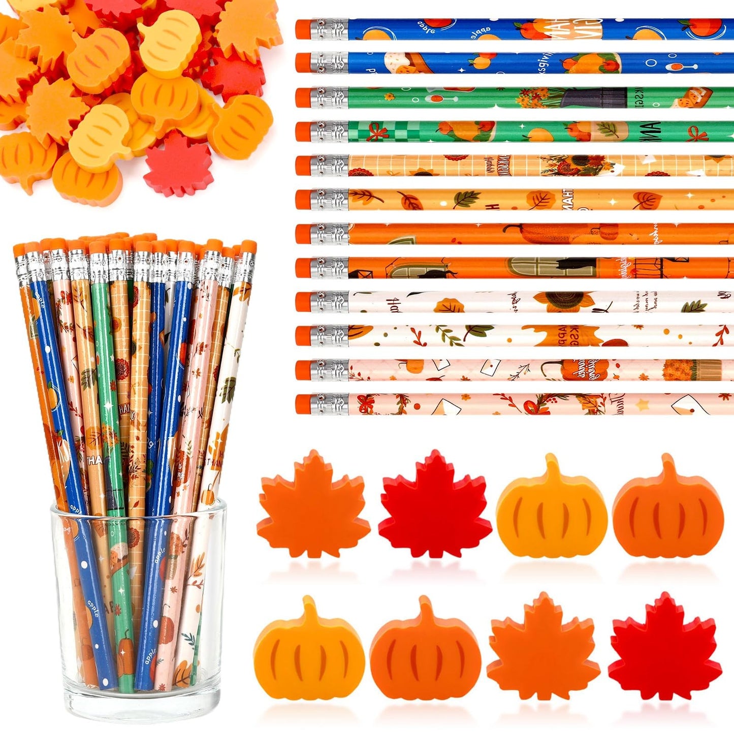 JULMELON 72PCS Fall Party Favors Set, 36PCS Autumn Pencils with 36PCS Pumpkin Maple Leaf Erasers, Pencils for Thanksgiving Holiday Party Reward Supplies