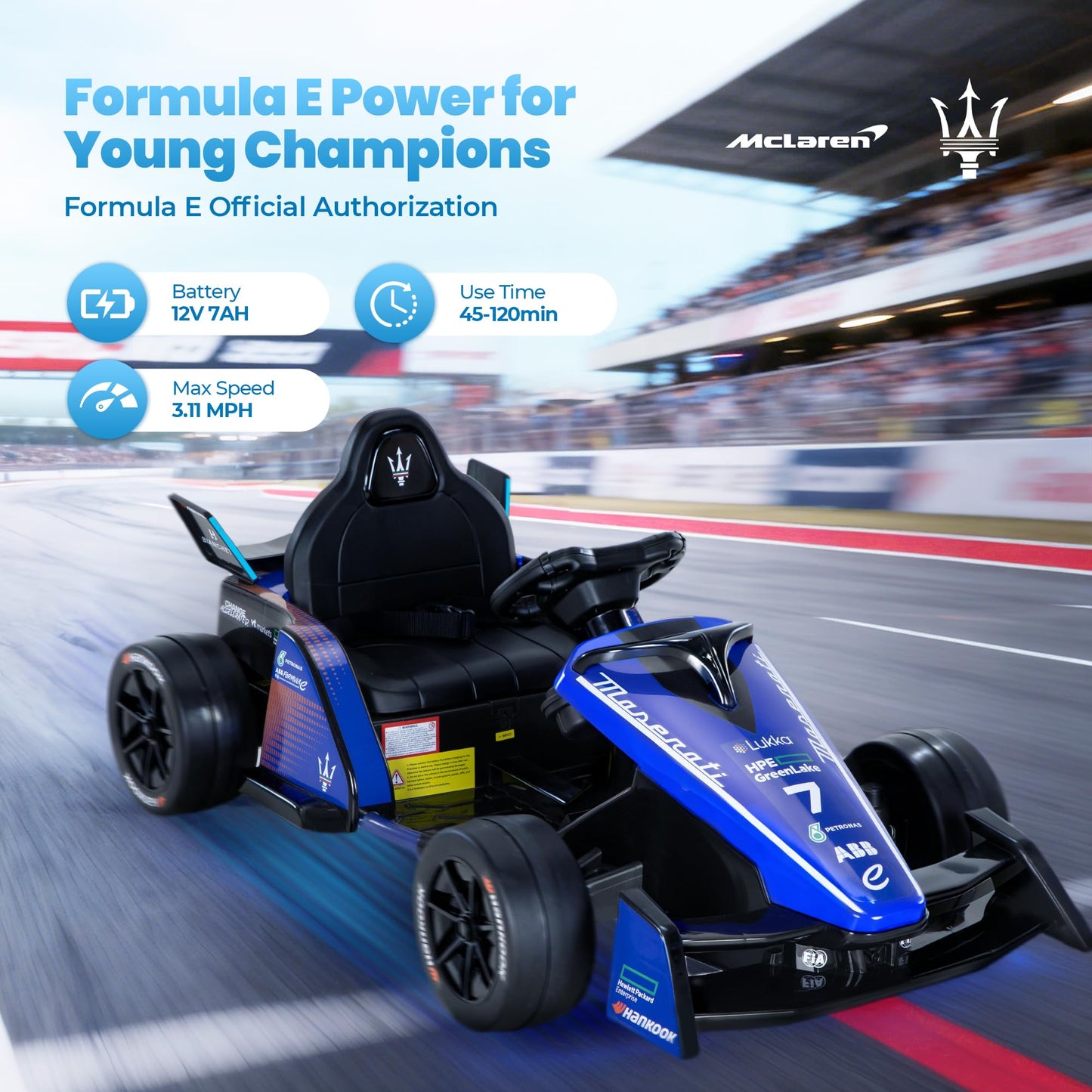 Licensed Formula E 12V Go Kart for Kids for Ages 3-8, 550W Motors Electric Kids Go Cart Ride On Car with 3-Speed Parent Remote Control,Shock-Absorbing Spring,Soft Start/Stop(Royal Blue)