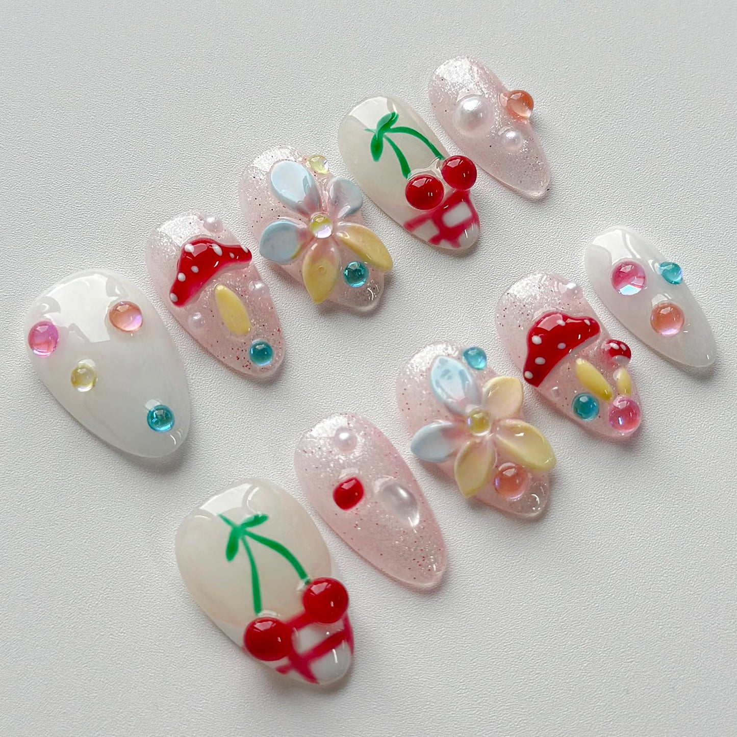 Luxury Press on Nails Short Almond Handmade 3D Unique Reusable ABS Material Fake Nails French Tip False Nails with Designs Mushroom Flower Glitter Glossy Glue on Nail Thick Acrylic Nail(S)