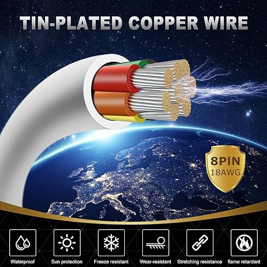 18 Gauge 8 Conductor Electrical Wire, 32.8FT White Stranded Low Voltage 18/8 PVC Case, 18 AWG Tinned Copper 8 Wire Extension Power for Strips LED Lamp Lighting