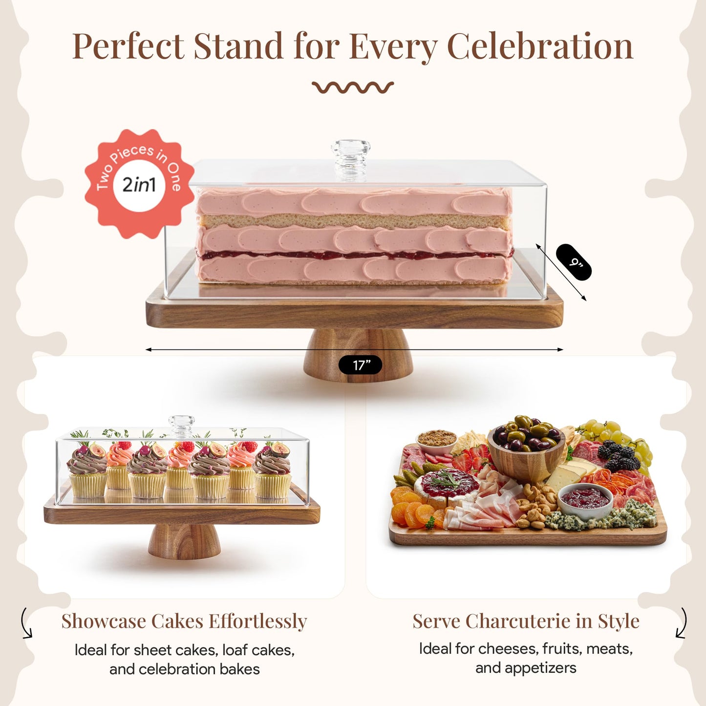 HOMESPHERE Acacia Wood Cake Stand with Lid - Rectangular Cake Holder, 2-in-1 Dessert Table Display Set & Charcuterie Board for Cheese, Chips, Fruit Platter, Large Acrylic Cake Dome Cover, No Glass