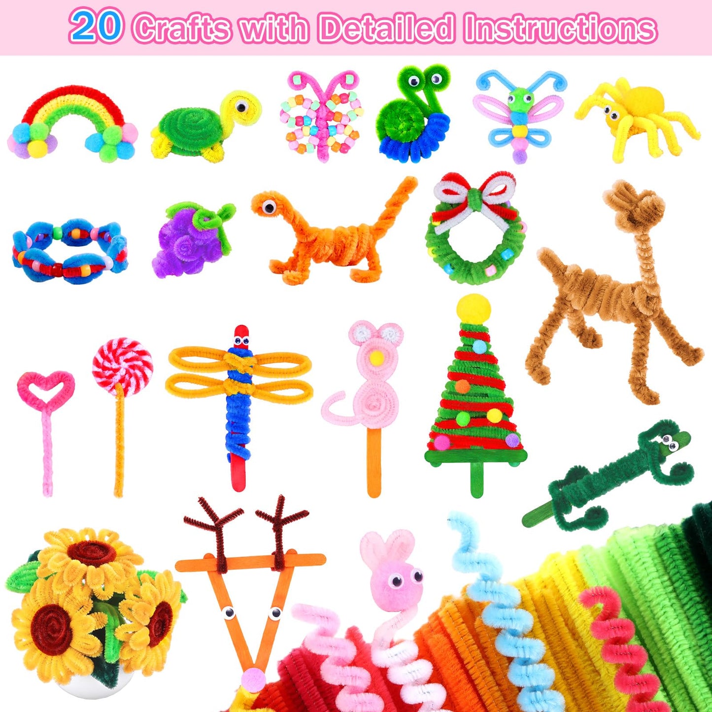 Funtopia 750pcs Pipe Cleaners Arts and Crafts Supplies for Kids, 20 Colors Chenille Stems with Craft Sticks & Pom Poms, DIY School Projects with 20 Simple Patterns Manual for Kids Ages 4 5 6 8 12