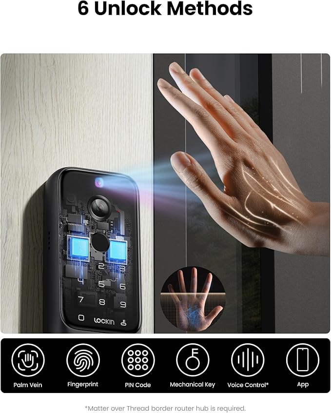 Lockin Veno Plus Smart Lock with Dual Swappable Batteries, 6-Month Power, 2K 180° Camera & Video Doorbell, Palm Vein/Fingerprint Entry, Built-in WiFi, App Control, No Subscription