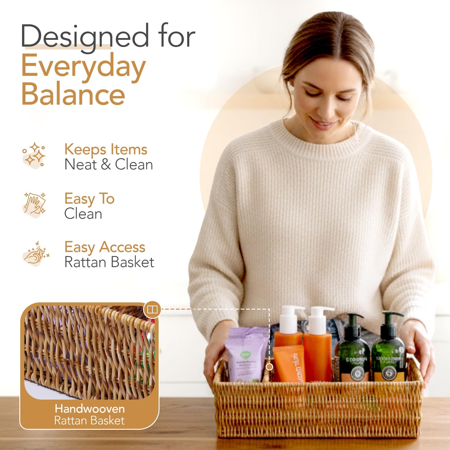Nature-Inspired Rattan Pantry Organizer Baskets Set of 2 with 3 Removable Dividers – Handwoven Storage Bins for Kitchen or Bathroom Organization, Ideal for Snacks, Coffee & Tea (13” x 7.3” x 3.7”)