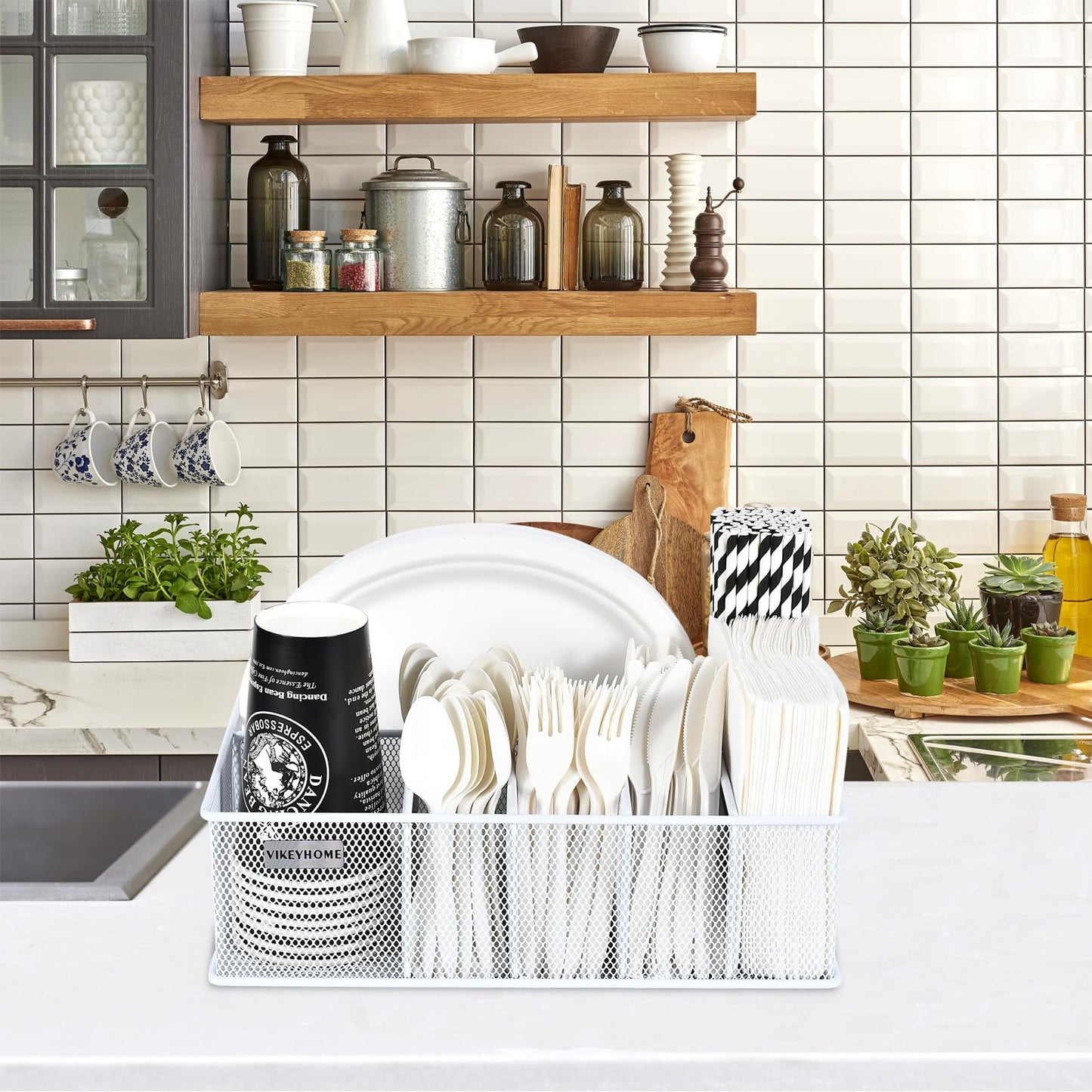 VIKEYHOME Paper Plate Organizer, Metal Silverware Caddy with 6 Compartments for Knives, Spoons, Cups, Forks, Napkins, Utensil Holder for Party, Camping, Picnic, White