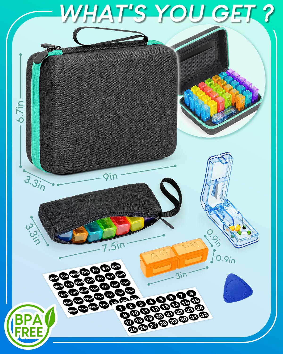 YONLOG Monthly Pill Organizer 2 Times a Day, with Portable Hard Shell, Pill Cutter, 31-Day Box, Plastic Opening Pick, Monthly & Weekly Stickers, Convenient Medication Management (Green, 2 Times a Day)
