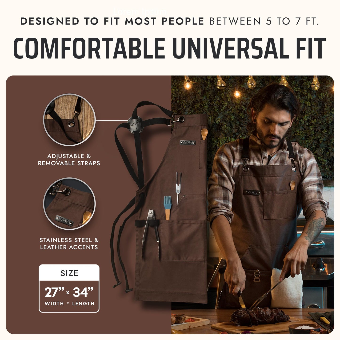 Asaya Chef & BBQ Apron with Pockets - Cross Back Canvas Cooking Apron for Women and Men, Adjustable Work & Grilling Aprons with Pocket, Bottle Opener and Hand Towel, 10oz Cotton Canvas (Brown)