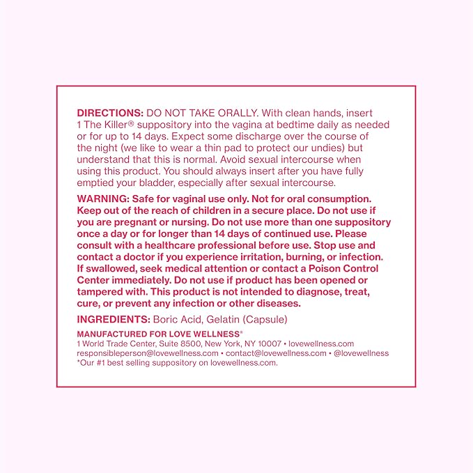 Love Wellness The Killer | Boric Acid Suppositories for Women | Vaginal Suppository for Healthy pH Balance & Vaginal Odor Control to Promote Fresh Scent | Vaginal Health Support | 28 Count