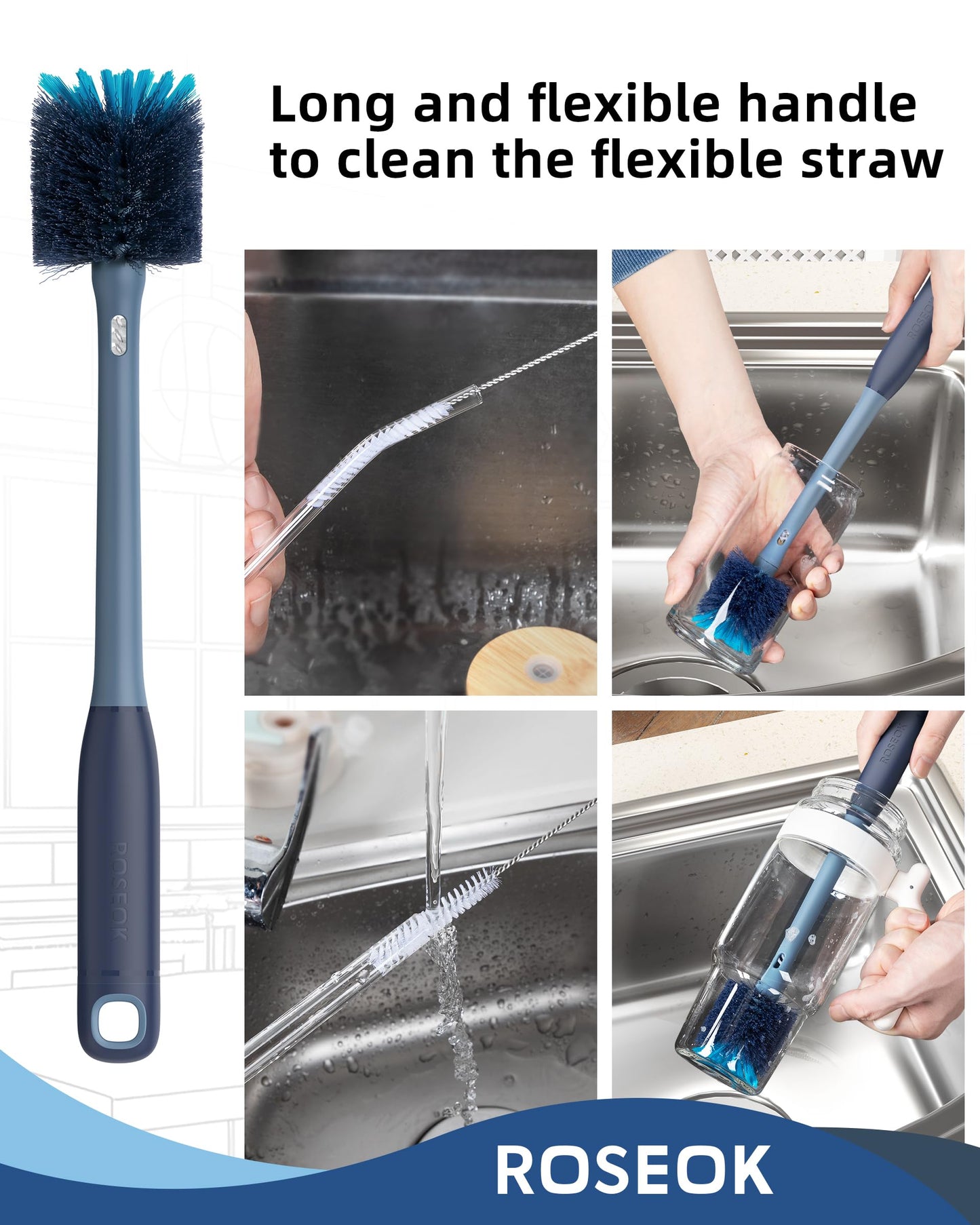 ROSEOK 2in1 Bottle Scrubbing Brush with Straw Brush has Long and Comfortable Handle, Cleaning Glass, Sports Bottle, Coffee Mug,1 Pack, Grayish Blue