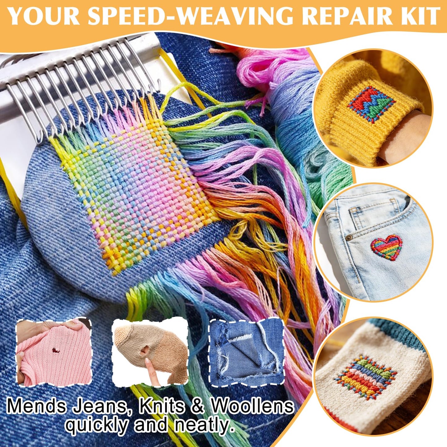 Meetory Knit Patch - Mushroom Mini Darning Loom, Knitpatch Kit with 14 Hooks Small Weaving Loom 14 Pcs Large Eye Needles 50 Color Threads for Handcraft DIY Weaving Repair Tool for Mending Jeans Socks