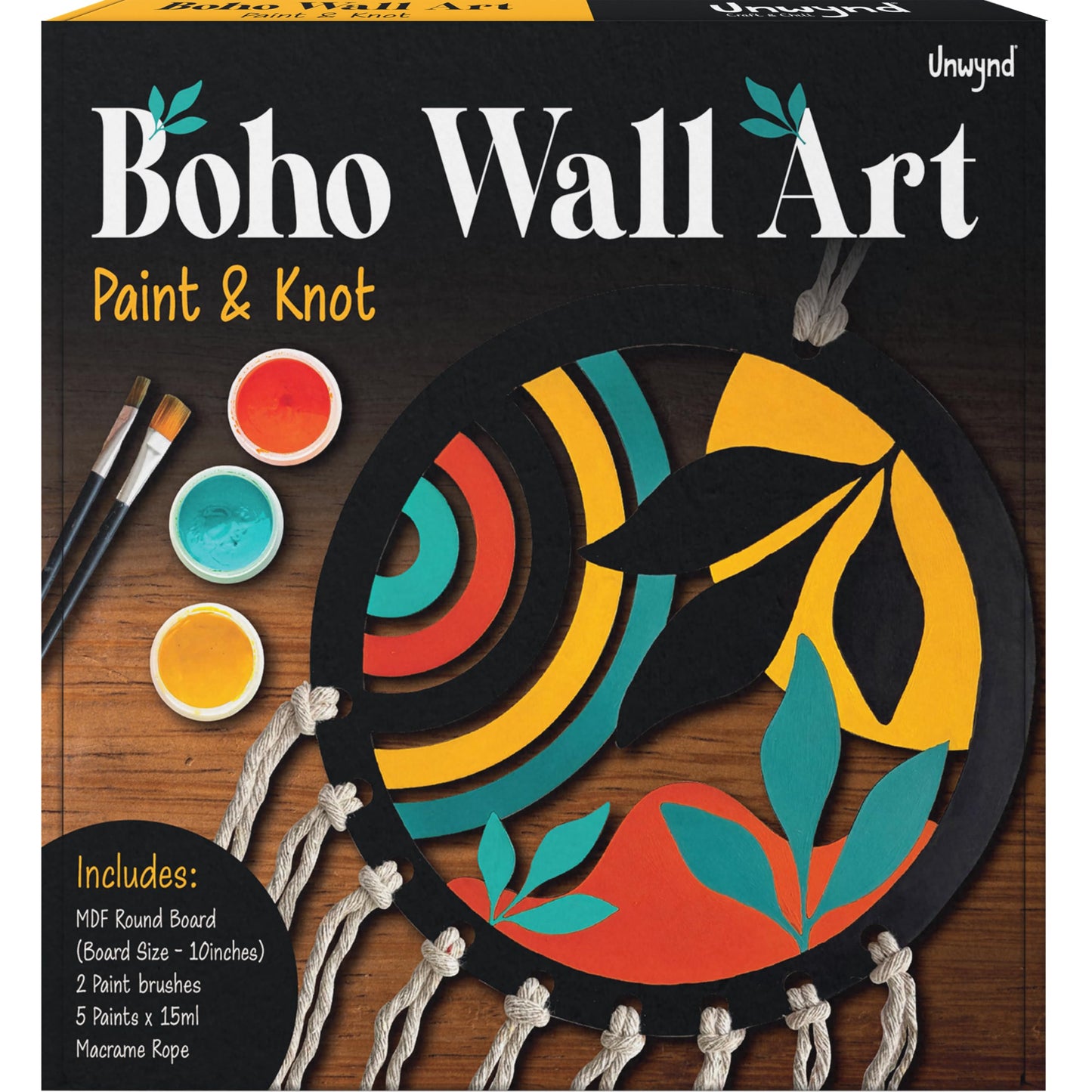 Unwynd Boho Wall Art DIY Craft Kit | Paint 10" MDF Cutout & Learn Macrame Knots | Relaxing Creative Activity | Perfect Mother’s Day Gift for Moms & Women