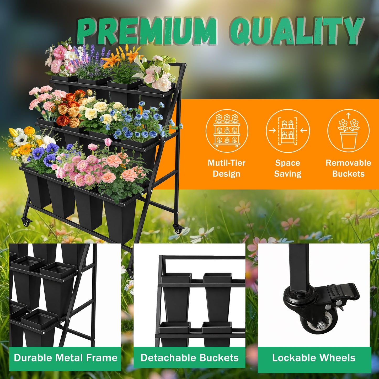 PROLEE Flower Stand with 12 Buckets, Flower Display Stand with Wheels, Flower Cart, Moving Florist Bouquet Shelf, Triangular, Black