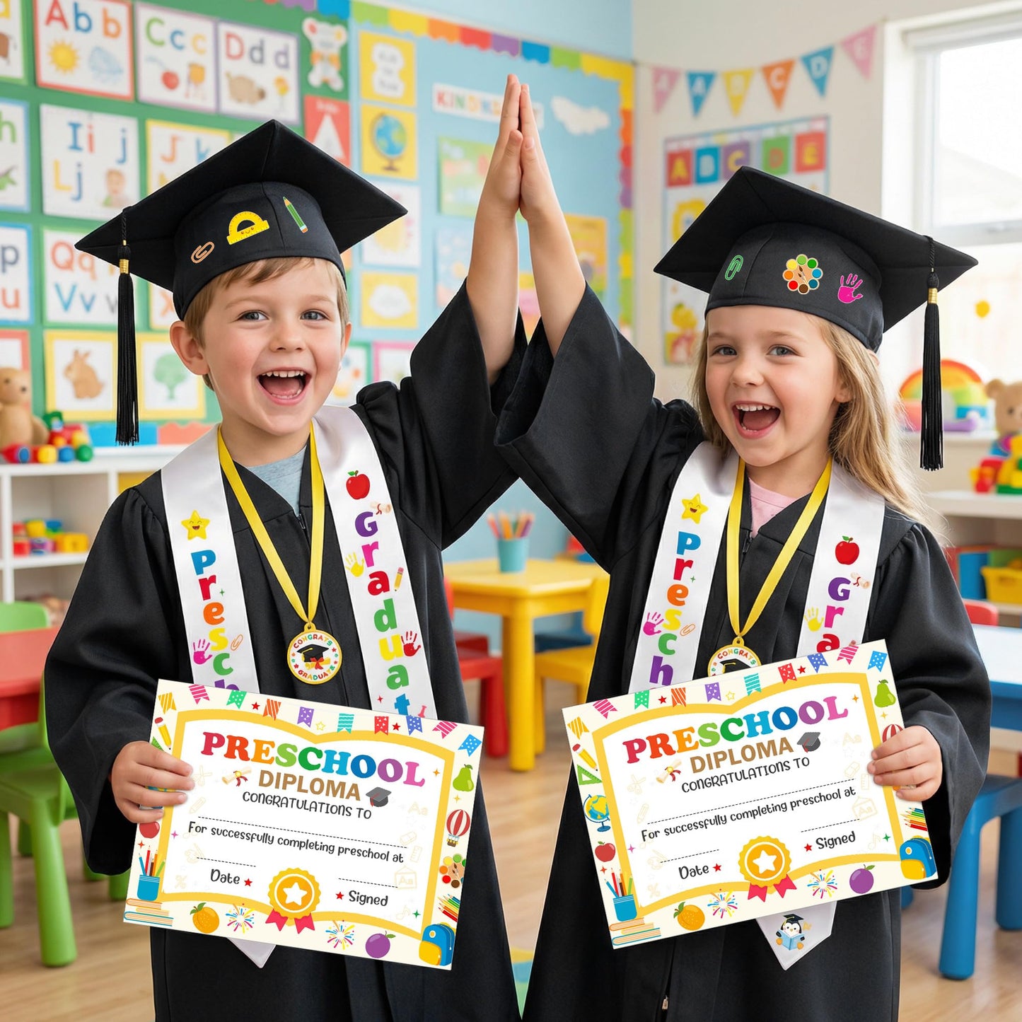 Wehhbtye 12 Pcs Preschool Kindergarten Graduation Cap Stole Iron on Letter Set, Preschool Graduation Cap Stole Decoration Includes Iron on Letters Certificate Medal for Kids Students DIY Craft