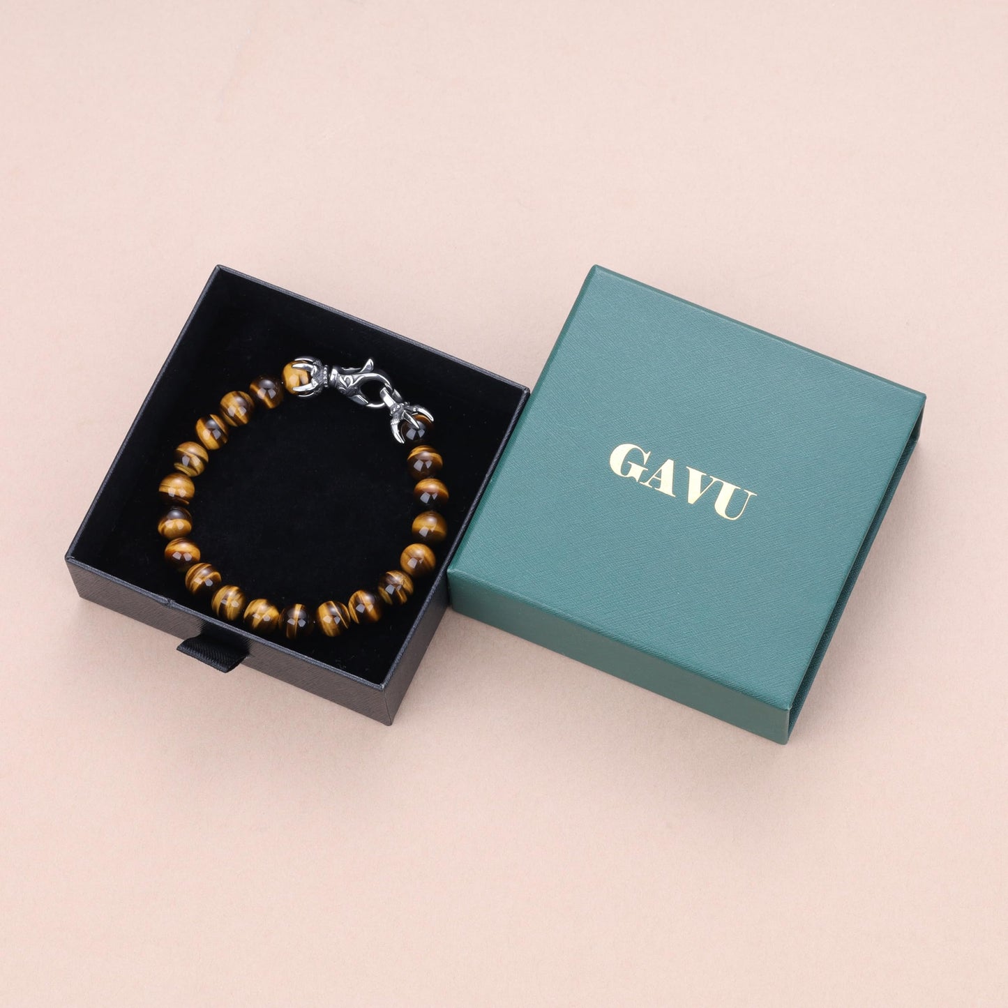 GAVU Men's Crystal Bracelet, 8mm Tiger Eye Bracelet for Men 8.9"
