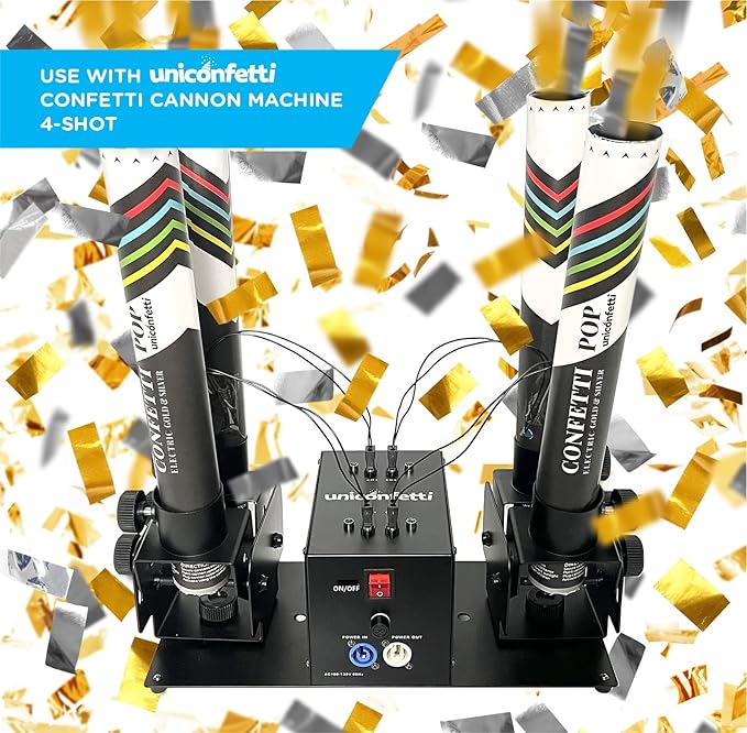Electric Confetti Cannon Cartridges, 4pcs. - 16" Gold & Silver Confetti Poppers for Weddings, Parties, Events | Requires 2-shot/4-shot Machine to Activate