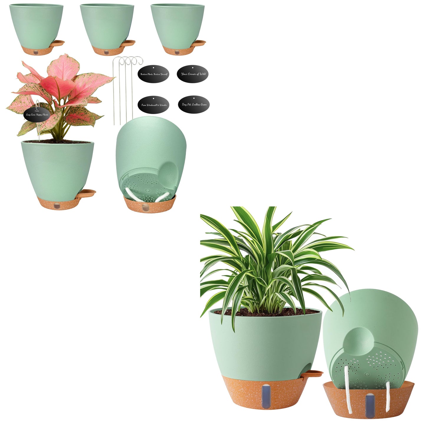 Fielda 6 Inch Self Watering Pots for Indoor Plants (5-Pack) & 2 Pack 10 inch Plant Pots,Plastic Planters with Drainage Holes, Deep Reservoir, Water Level Indicator, Modern Decorative Flower Pot