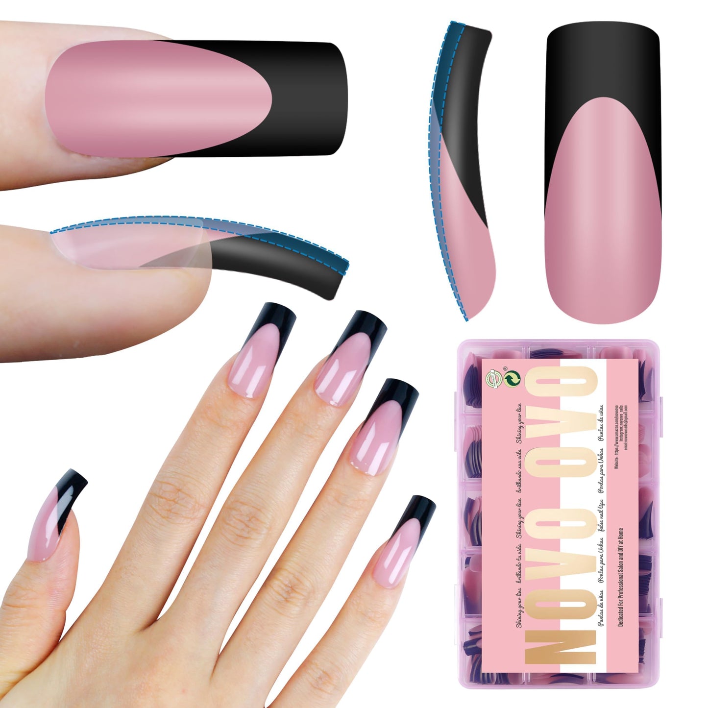 NOVO OVO Halloween Black French Tip Nail Tips Slightly Curved Medium BERRY PINK Full Cover for Press on Acrylic, Extra Thick M Soft Gel False Nail, need Builder Gel Top Coat, for DIY 15 Sizes 240 pcs