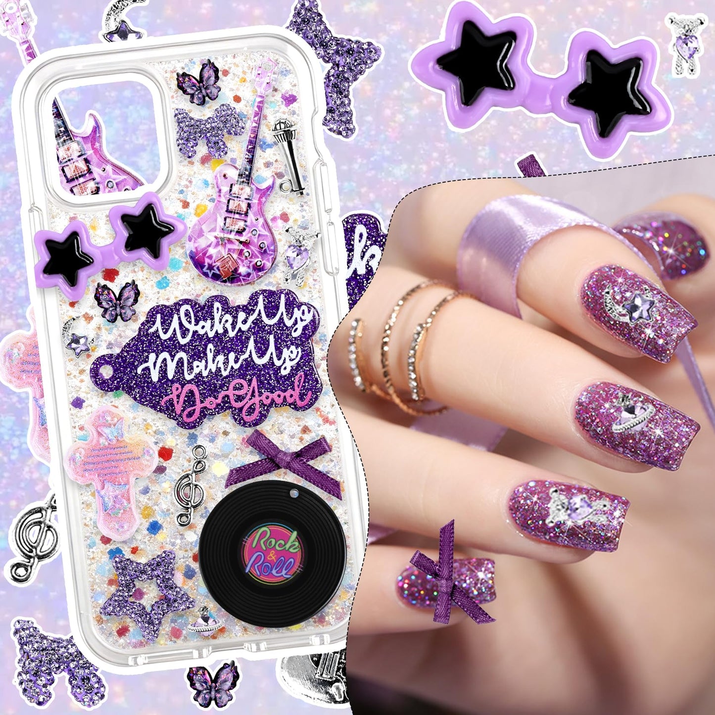 Prdingfy Purple Junk Case Charms Kit - DIY Phone Charms & Nail Art Accessories with 3D Flatback Decorations, Cute Bows & Letter Beads for Customizing Phone Cases, Crafts, Valentine's Day Gifts