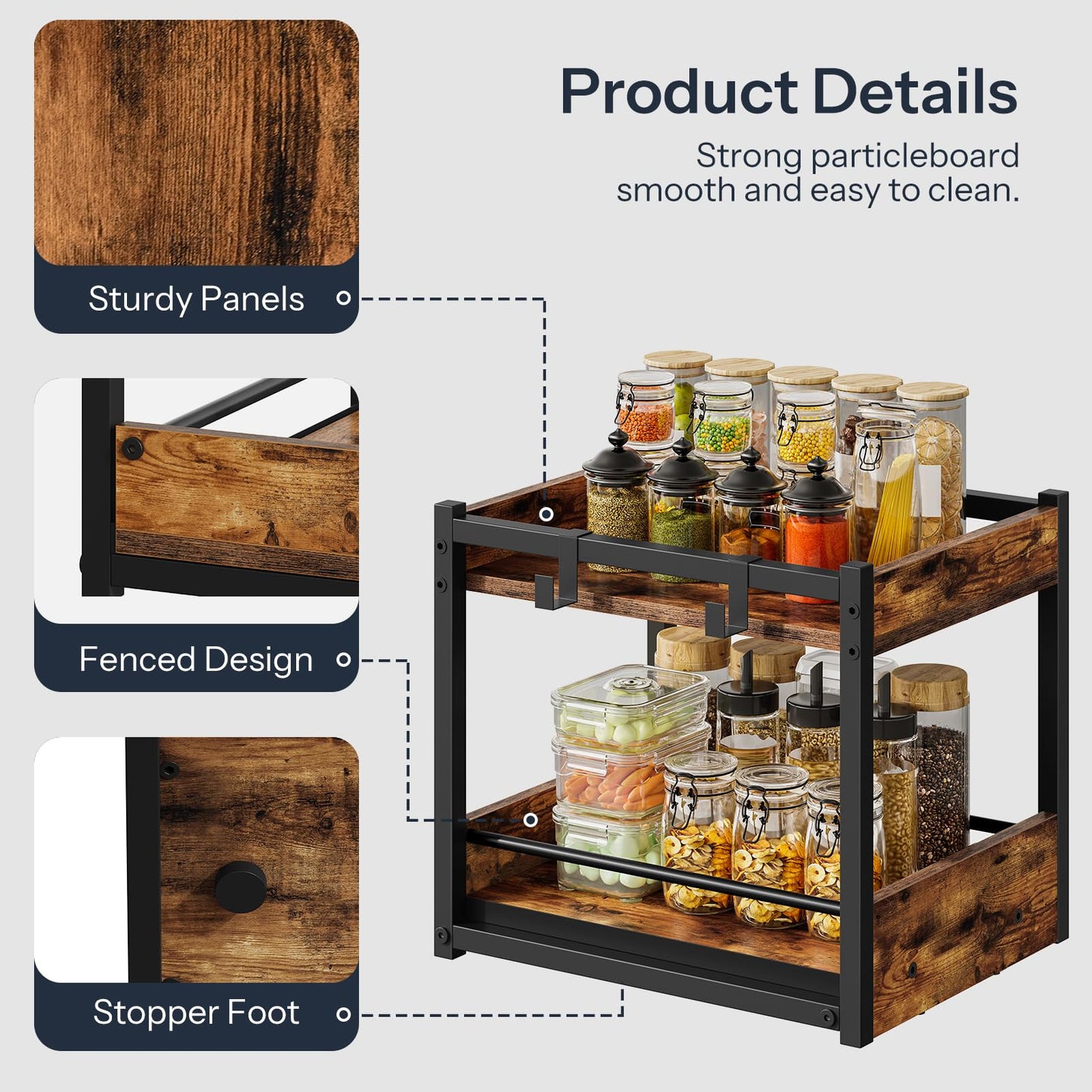 HOOBRO Kitchen Countertop Organizer, Corner Shelf Organizer, 2-Tier Spice Rack with Pull-Out Shelf and Hooks, for Kitchen, Office, Study, Bedroom, Living Room, Rustic Brown and Black BF08TL01