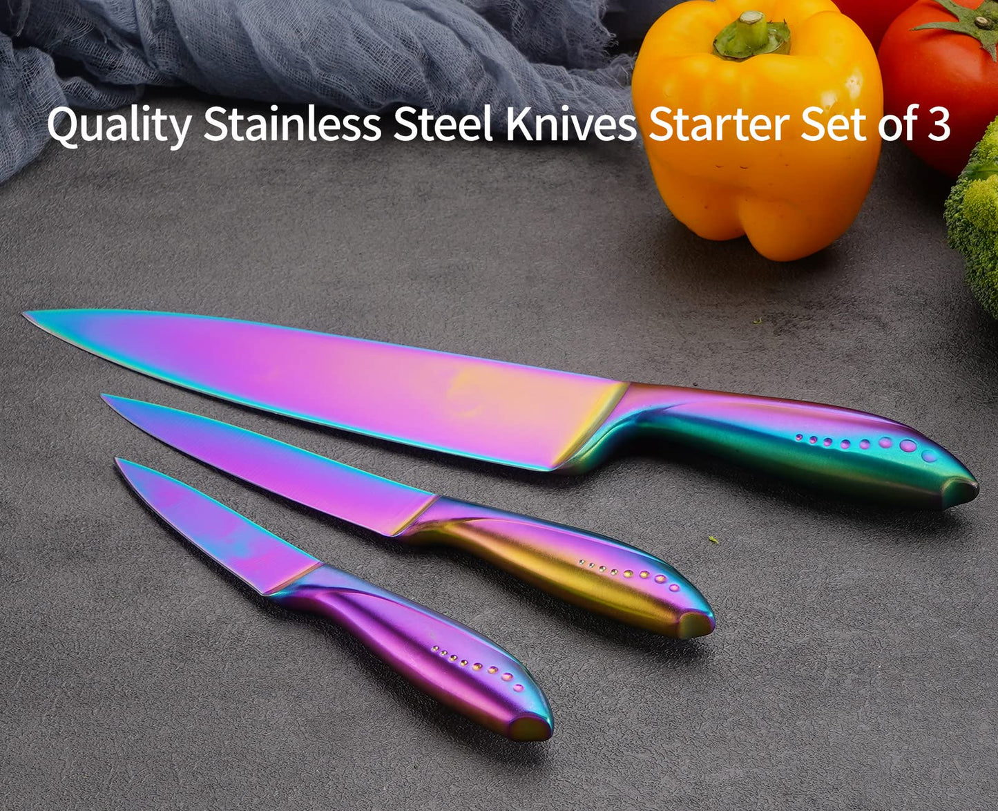 Hollory Rainbow Kitchen Knife Set 3 Piece, Razor Sharp German Stainless Steel Blade with 8 in Chef, 5 in Utility, 3.5 in Paring – Starter Set with Gift Box