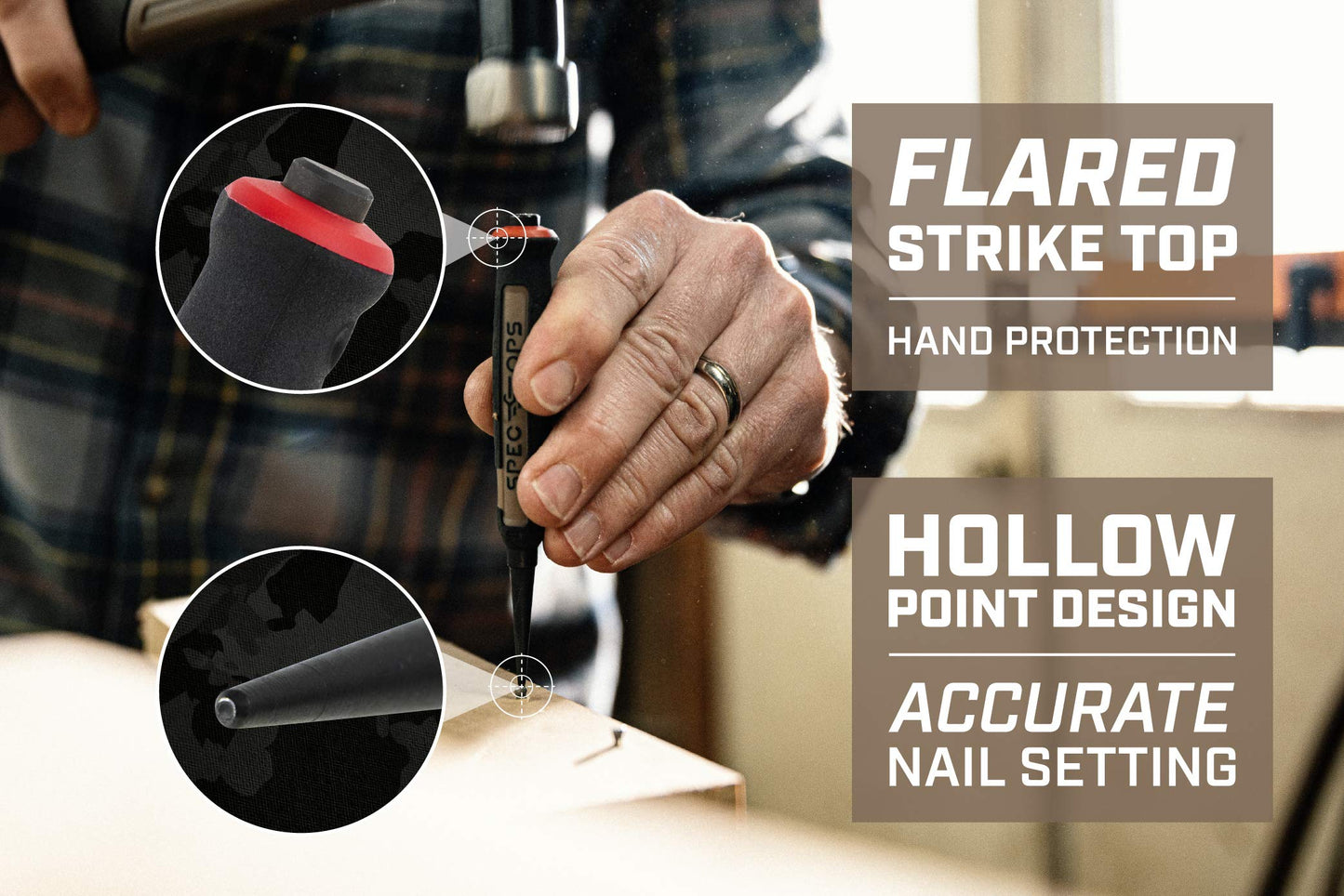 Spec Ops Tools Nail Set Punch 3-Piece Kit Includes 1/32", 1/16", 3/32", Shock-Absorbing Grip, 3% Donated to Veterans Black/Tan
