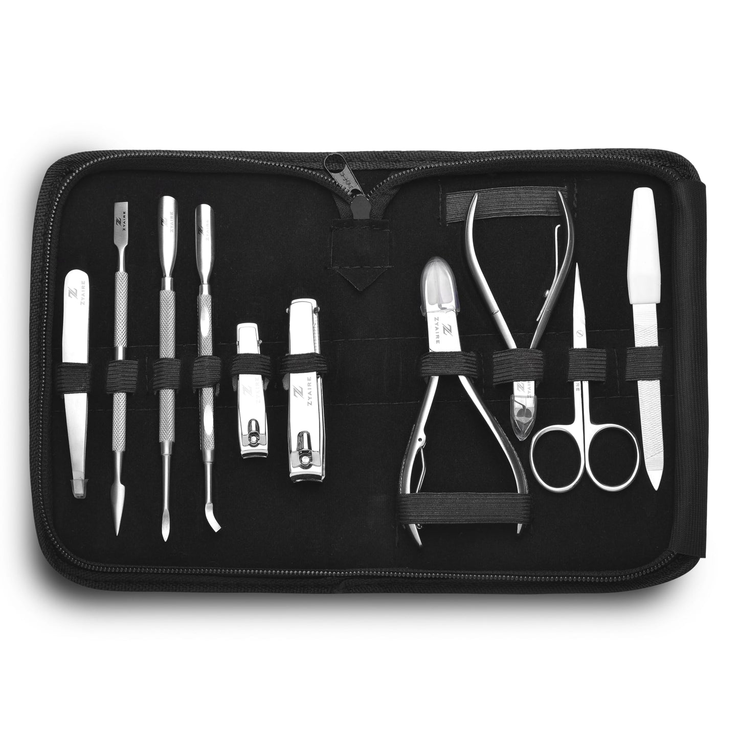 Manicure Pedicure Set - 10-in-1 Stainless Steel Grooming Kit, Personal Care Tools, Nail Nipper, Cuticle Cutter, Scissors, Tweezers, Blackhead Remover, Nail File & Case (Black)