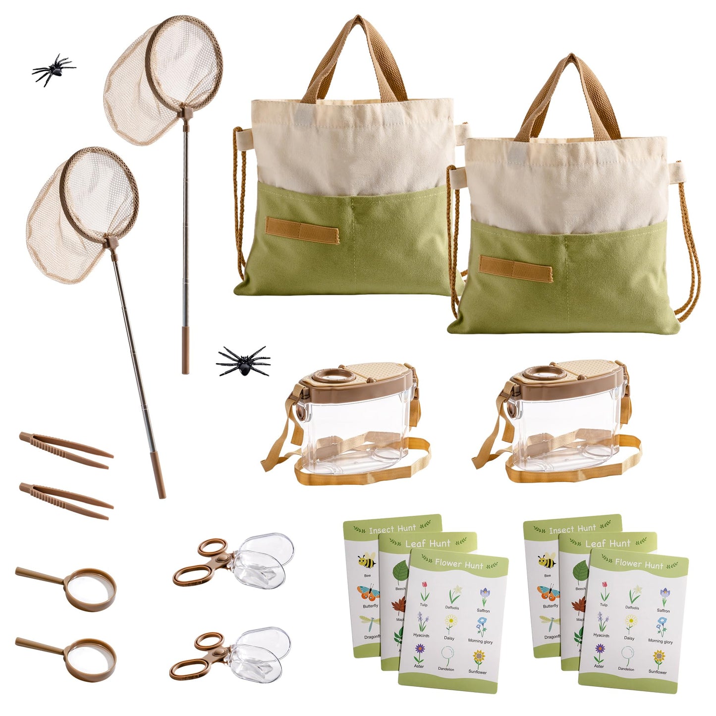 ROBOTIME 2Sets Bug Catcher for Kids, Sturdy Bug Catching Kit with Butterfly Net, Insect Box, Magnifying Glass, Tweezer, Clamp, Cards and Carry Bag, Bug Habitat Outdoor Explorer Kit for Kids 3-12