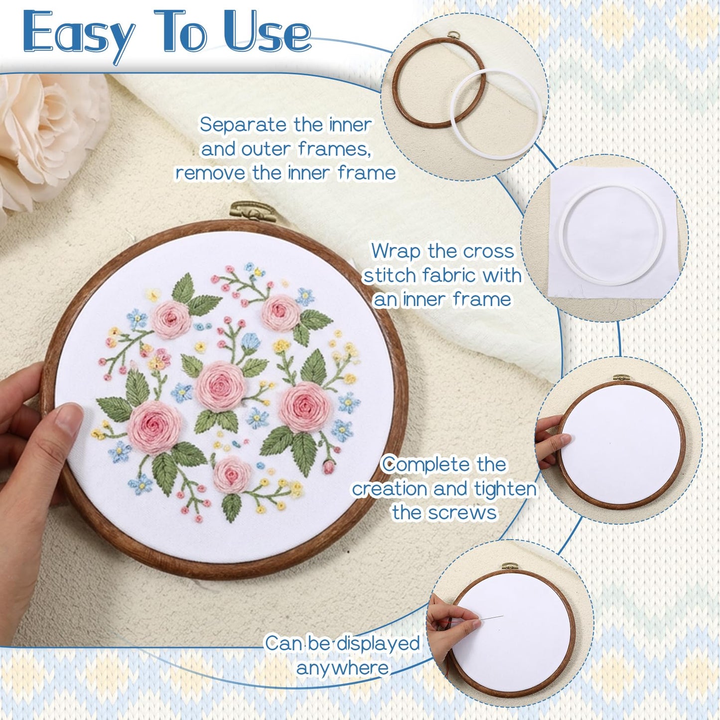 Yuanan 15 PCS 6 Inch Embroidery Hoops Frame, Round Imitated Wood Cross Stitch Frame Rubber Display Frames Circle Decorative Embroiderys Hoop for DIY Art Craft Sewing Hanging Spring Ornaments