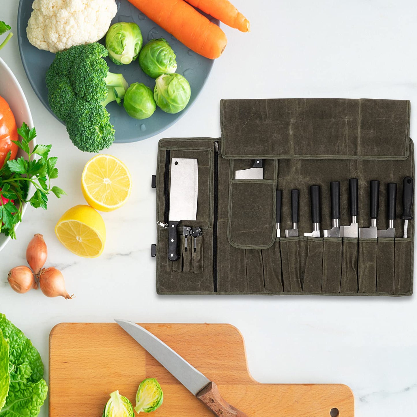 HERSENT Waxed Canvas Chef’s Knife Roll Bag,Army Green Knife Wrap,Portable Knife Roll,Waterproof Pocket Knife Carrier,Durable 16oz Knife Case With Adjustable Shoulder Strap