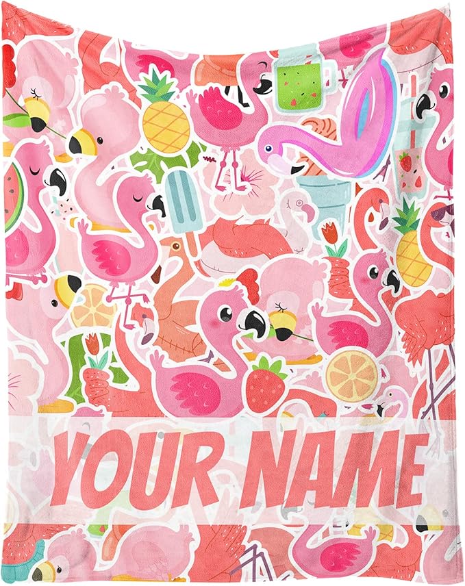 Custom Flamingo Blanket Gifts with Name - 30 x 40 Inches Funny Flamingo Throw for Girls & Women - Pink Soft Fuzzy Plush Blankets for Sofa