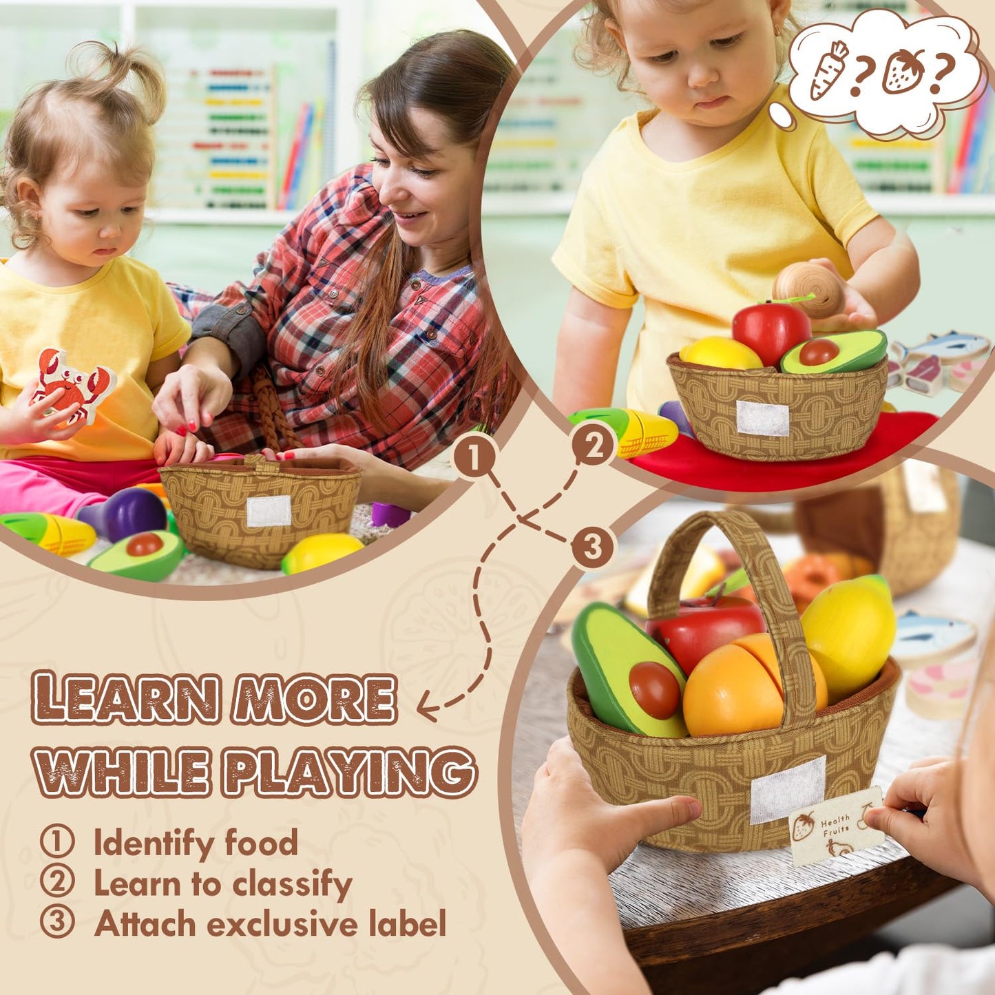 Lehoo Castle Wooden Play Food Set, Toy Food for Toddlers 1-3, Pretend Play Kitchen Accessories, Cutting Food Toys, Montessori Sorting Toys for Kids 3-5 Girls Boys