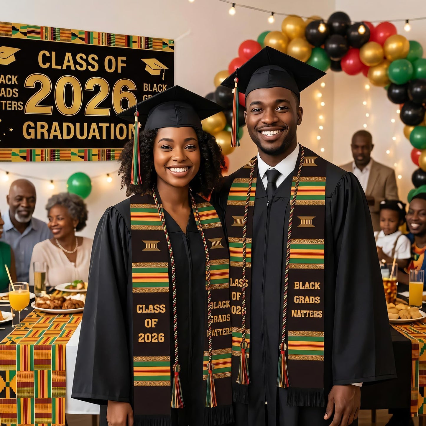 Silkovahamd Black Kente Graduation Stole - Black Grad Matters Class of 2026 Honor Cord Sash for College High School Graduates Academic Ceremony Accessory Gifts