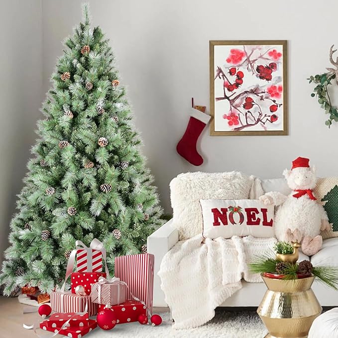 7.5FT Frosted Christmas Tree with 92 Pine Cone & Pine Needles, Premium Unlit Artificial Christmas Tree with 1588 Branch Tips, Realistic Hinged Xmas Trees with Metal Stand for Holiday Decoration